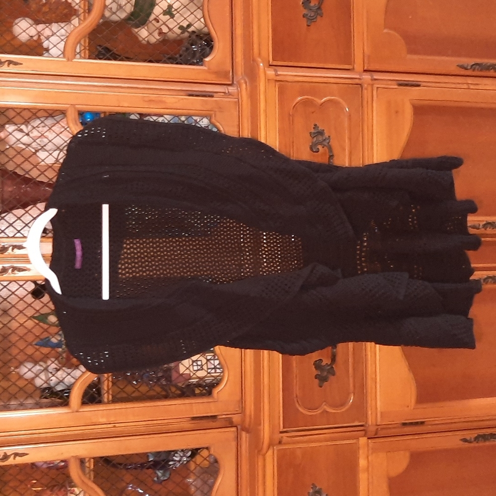 *4/$24*🛍 Beverly Drive Black Sleeveless Cotton Open Cardigan Drape Boho Crochet